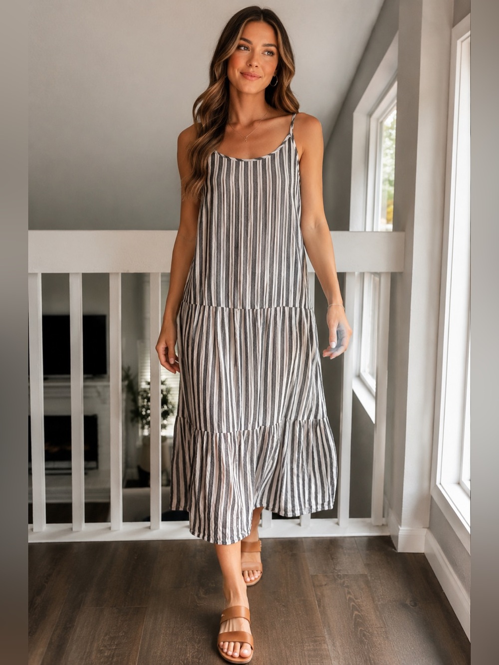 Striped Sleeveless Tiered Maxi Dress - Gray/White